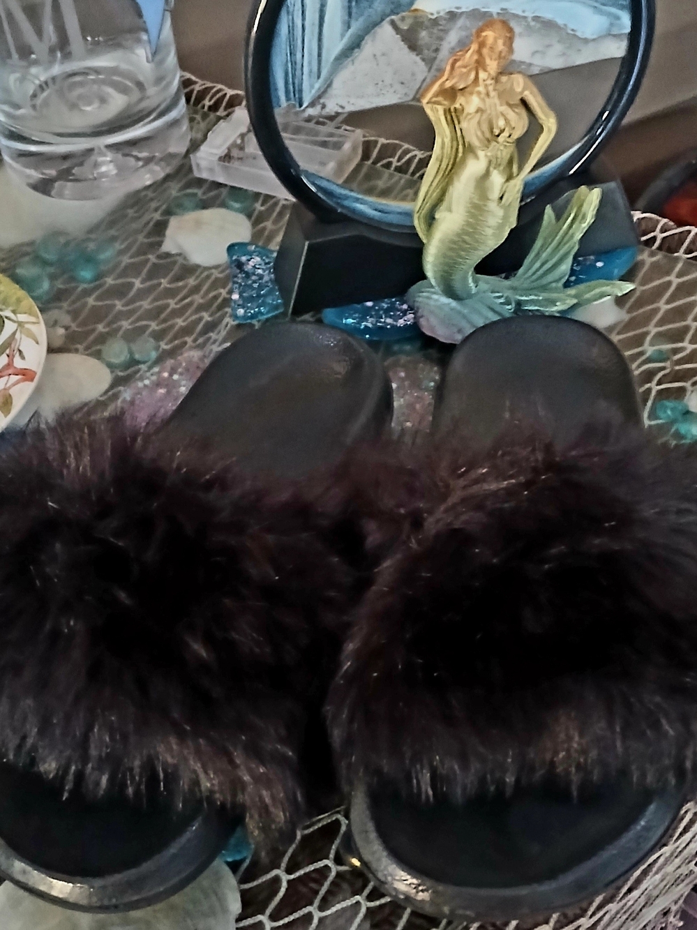 Black Faux Fur Slide Sandals - Women's Cozy Slip-On